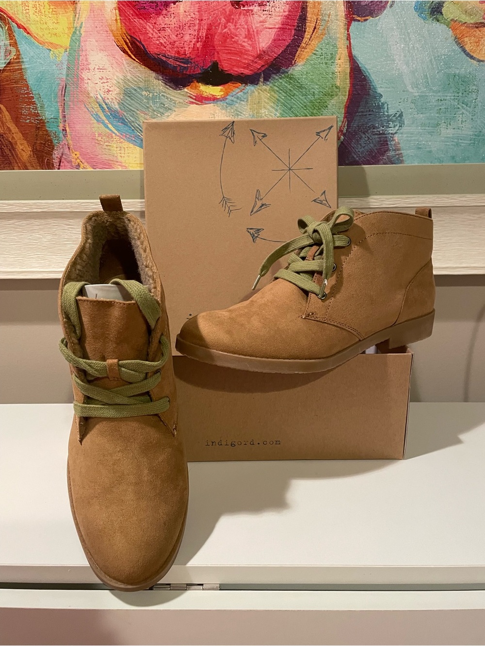 Indigo Tan Suede Ankle Boots with Olive Laces